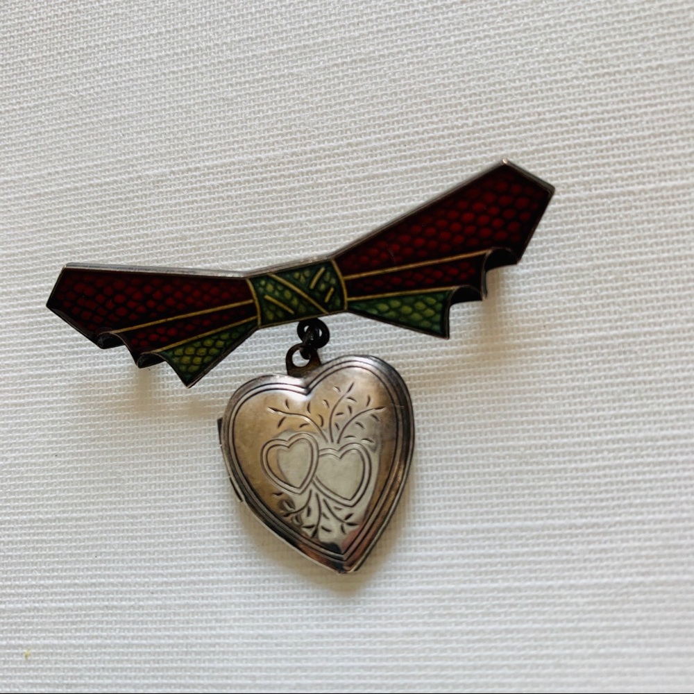 Vintage Silver Bow Heart Locket Brooch Red Green Enamel Engraved Pin